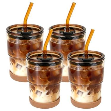 Imagem de Zukro Copo de vidro de 368 g com canudo de vidro, tampa à prova de vazamento, copo de água fofo reutilizável de parede grossa com bota de silicone para café gelado, chá frio, pacote com 4, âmbar