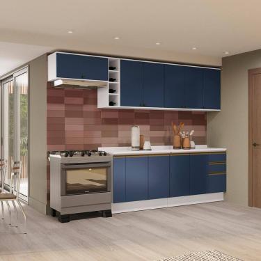 Imagem de Armário de Cozinha Completa 100% MDF 300cm Branco/Azul Profundo Celeste Kappesberg