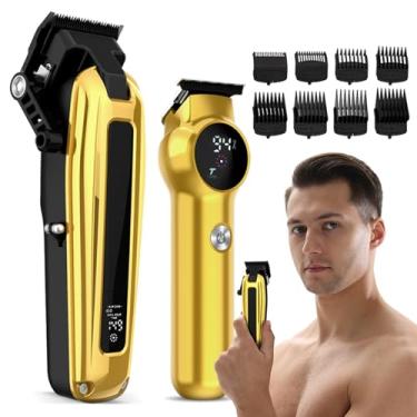 Imagem de Dioche Conjunto de Máquina de Cortar Cabelo Elétrica Profissional para Homens, Aparador de Cabelo Recarregável Usb Com Display Lcd, Kit de Corte de Ajustável de 5 Velocidades (GOLD)