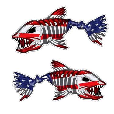 Imagem de Adesivos de carro esqueleto de peixe americano, decalques de vinil à prova d'água para para-choque e janela, decoração de veículo patriótico, pacote com 2 B037