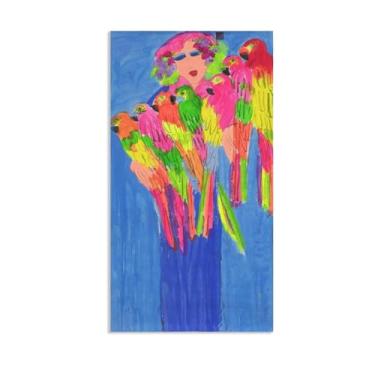 Imagem de SDYJ6GSW Pintura em tela Walasse Ting Blue Lady com papagaios famosa reprodução de arte floral expressionismo abstrato impressão de arte decoração de parede para sala de jantar 55 x 30 cm (22 x 12