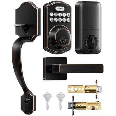Imagem de TEEHO TK001H Fechadura de porta de entrada sem chave com conjunto de maçanetas, fechadura eletrônica com código, fechaduras inteligentes para porta da frente, maçaneta externa, trava automática, fácil