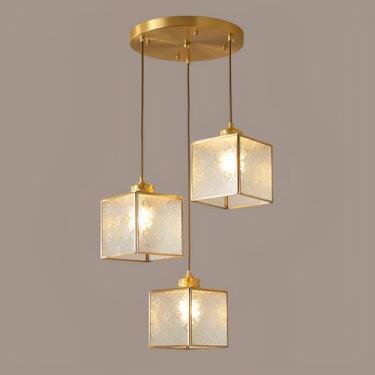 Imagem de Lustre pendente quadrado de vidro com 3 lâmpadas, estilo chinês, para interiores, ideal para sala de jantar. Lustre de luxo em cobre para ilha de cozinha, quarto e escritório.