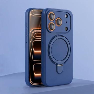 Imagem de Capa magnética de silicone para iPhone 17, 16, 15, 14, 13, 11, 12, Pro Max e Air com suporte integrado e anel de fixação, compatível com iPhone 14, 15, 16 Plus, azul e iPhone 15 Pro Max.