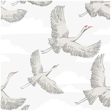 Imagem de HAOKHOME Papel de parede autoadesivo com nuvens de guindaste oriental papel de contato Begie/pássaro cinza para decoração de parede de destaque banheiro cozinha 44 cm x 3 m