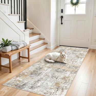 Imagem de Tapete antiderrapante lavável 7,5 x 20,3 cm – Tapete moderno abstrato neutro largo para cozinha, corredor, entrada, banheiro, quarto – Tapete fino de pelo baixo com suporte de borracha (cinza dourado)