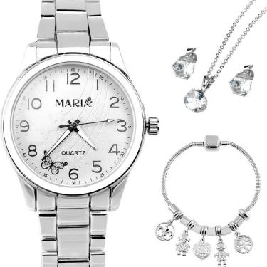 Imagem de Relogio Aco Inox Prata Feminino + Pulseira + Brincos Colar Presente Social Strass Ajustavel Garantia