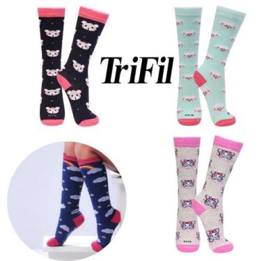 Imagem de 3 Pares Meia 3/4 Cano Longo Alto Galocha Menina Infantil Estampada Col