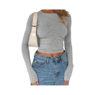 Imagem de Camiseta Cropped Feminina De Manga Longa Y2K, Slim Fit, Casual, Pullov