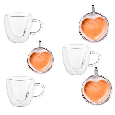 Imagem de Jogo de Canecas Jogo 6 Coração 150ML em Vidro Borossilicato com Parede Dupla para Café e Chá Transparente Jocenter