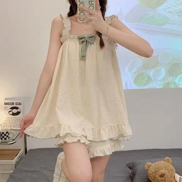 Imagem de Conjunto De Pijama Feminino De Verão Em Algodão Com Alças, Sem Mangas,
