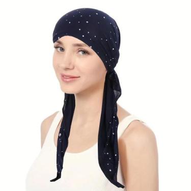Imagem de Touca Turbante Feminina Elástica Com Strass De Cor Sólida, Gorro Casua