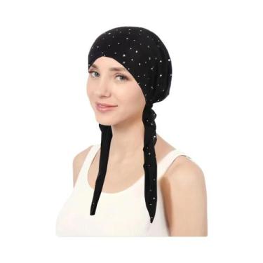 Imagem de Touca Turbante Feminina Elástica Com Strass De Cor Sólida, Gorro Casua
