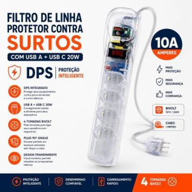 Imagem de Filtro de Linha protetor contra surtos DPS 4 Tomadas Bivolt USB AC 20W