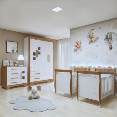 Imagem de Quarto de Bebê Completo Gael com 2 Bercos 1 Guarda Roupa 1 Cômoda 6 Gavetas 4 Portas MDF Branco Tigus Móveis