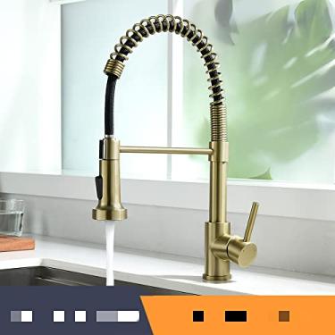 Imagem de Torneiras de cozinha escova torneiras de latão para pia de cozinha de alavanca única bica de mola misturadores torneira de água quente e fria guindaste, ouro escovado, china