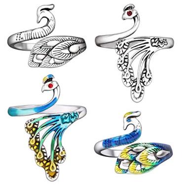 Imagem de MIKIMIQI Pacote com 4 anéis de crochê ajustáveis para tricô com laço de crochê guia de fio suporte de dedo acessórios de tricô pavão anel de dedo aberto anel trançado ajustável para tricô mais rápido, 4 estilos