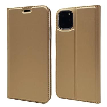 Imagem de DENSUL Capa carteira para iPhone 14/14 Pro/14 Plus/14 Pro Max, capa fina simples com porta-cartão de adsorção magnética flip capa de couro TPU pára-choques à prova de choque, ouro, 14 Plus 6,7 polegadas