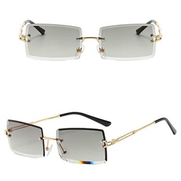 Imagem de Óculos de sol sem aro quadrado pequeno luxo tendência vintage óculos de sol para mulheres/homens estilo gradiente de metal sombra retangular, cinza dourado C13, tamanho único