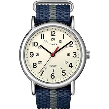 Imagem de Timex Relógio unissex T2N654 Weekender, pulseira de nylon, listrado azul/cinza