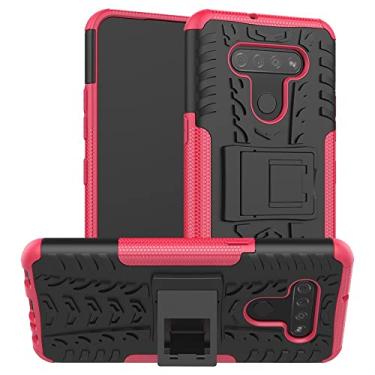 Imagem de Capa protetora de capa de telefone compatível com LG K51, TPU + PC Bumper híbrido capa robusta de grau militar, capa de telefone à prova de choque com capas de bolsas de suporte (cor: vermelho rosa)