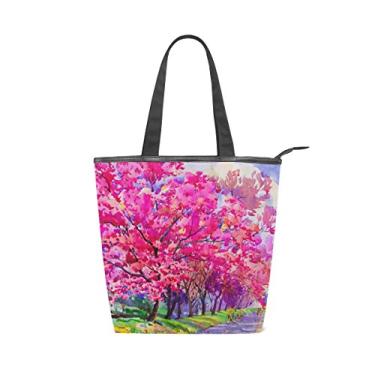 Imagem de Bolsa de mão feminina durável de lona com pintura aquarela paisagem cereja grande capacidade sacola de compras bolsa de ombro
