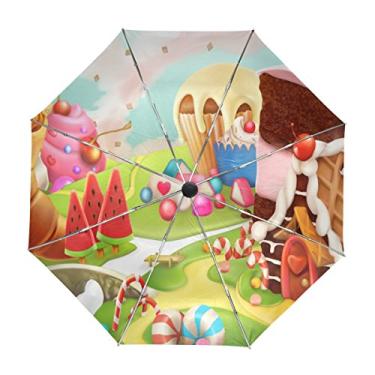 Imagem de Guarda-chuva ALAZA Sweet Candy Land com desenho de terra para viagem, abre e fecha automaticamente, proteção UV, à prova de vento, leve