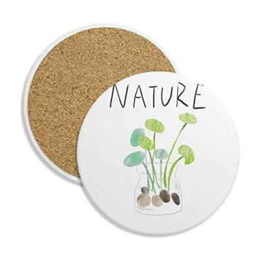 Imagem de Porta-copos com pintura de plantas naturais Soloisland copo copo redondo suporte absorvente pedra 2 peças