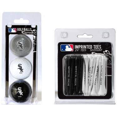 Imagem de Team Golf MLB Chicago White Sox 3 bolas de golfe e 50 bolas de golfe impressas com logotipo (3 unidades) e camisetas de golfe reguláveis de 6 cm (50 unidades), multicoloridas