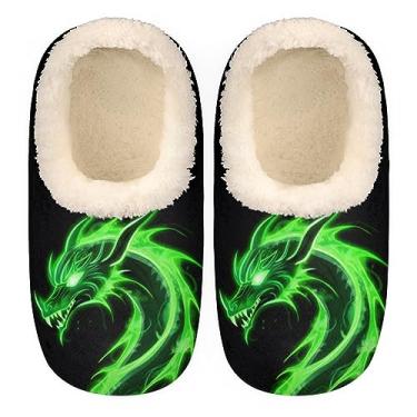 Imagem de Chinelos de dragão verde para mulheres e homens, chinelos de casa de animais de fogo meias quentes felpudas espuma viscoelástica chinelos de interior leves e aconchegantes antiderrapantes fechados para casa, médios, Multicor, 5-6