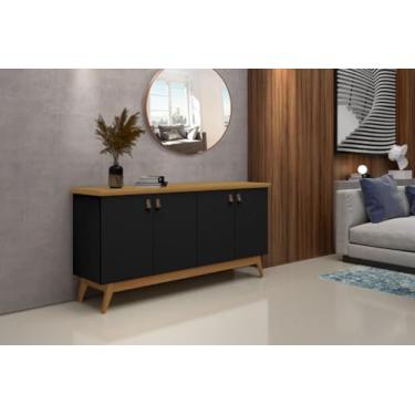 Imagem de Buffet/Aparador/Balcão/Balcão ABS 4 Portas Modelo Retrô Com Puxadores em Couro e Prateleiras Internas Cor Preto/Nature