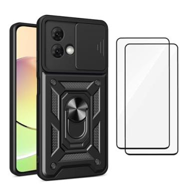 Imagem de Capa para Motorola Moto G84 Capinha | com 2 protetores de tela temperados, janela deslizante de proteção da câmera integrada e suporte para telefone - Preto