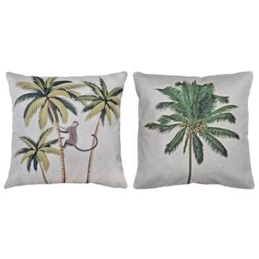 Imagem de Kit 2 Capas Almofada Linho Estampada Planta Folha Animal 43x43 (Coqueiro e Macaco)