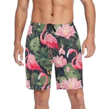 Imagem de CHIFIGNO Calças de pijama masculinas calças de pijama lounge, shorts de moletom com bolsos e cordão, Flamingo rosa e flores folhas verdes, XXG
