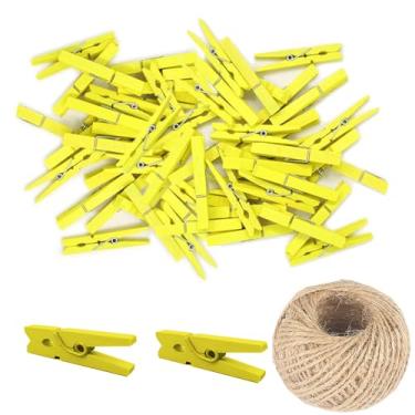 Imagem de 200 peças mini clipes de madeira natural de 25 mm prendedor de roupa DIY festa de casamento clipes de clipe de madeira pinos com fio de juta de 98 pés (amarelo)
