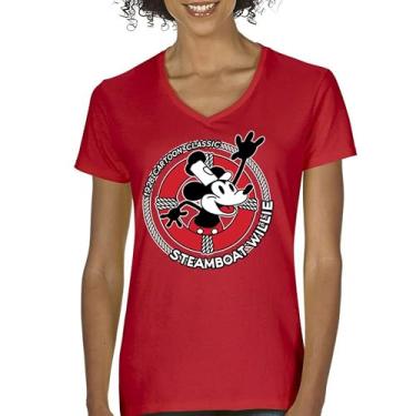 Imagem de Camiseta feminina Steamboat Willie Life Preserver gola V engraçada clássica desenho animado praia Vibe Mouse in a Lifebuoy Silly Retro Tee, Vermelho, GG
