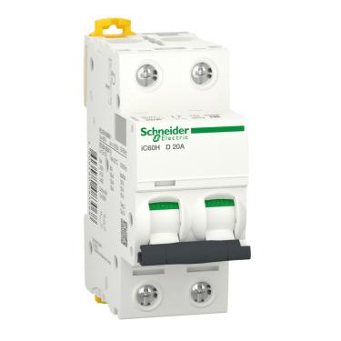 Imagem de Disjuntor Bipolar Acti9 IC60H Curva D 15kA 380/415Vca – Schneider | 20A Cód. A9F85220