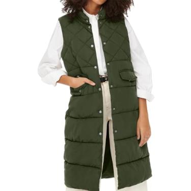 Imagem de Tankaneo Colete feminino longo acolchoado de algodão gola alta botão sem mangas jaqueta inchada agasalho, Verde militar, GG