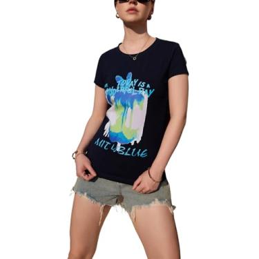 Imagem de Camiseta feminina de algodão puro, manga curta, gola redonda, estampada, personagem, camiseta fofa e divertida, Feminino-09-azul royal, GG