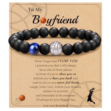 Imagem de Futebol Beisebol Basquete Presentes de Futebol Masculino Pulseiras com Contas Natural Olho de Tigre Pulseira Masculina Aniversário Presentes de Formatura para Filho Neto Bônus Filho Namorado Irmão,