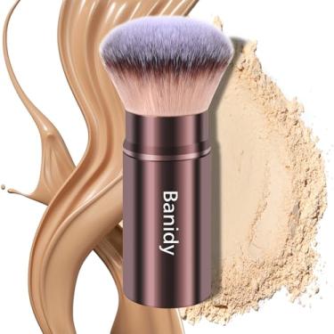 Imagem de Pincel de maquiagem Kabuki Pincéis de rosto retráteis para viagem, blush portátil, impecável para base, blush em pó, bronzeador, polimento, líquido, creme, sem crueldade com capa (cabeça redonda)
