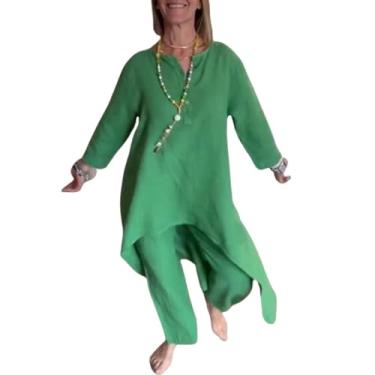 Imagem de Conjunto casual de 2 peças para mulheres, roupa maxi de linho de manga comprida, calça de perna larga, conjunto de roupa de treino combinando de linho de verão, Verde, XX-Large