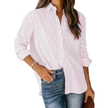 Imagem de siliteelon Camisas femininas de botão de algodão listradas camisa social manga longa colarinho escritório trabalho blusas tops, Rosa e branco, 3G