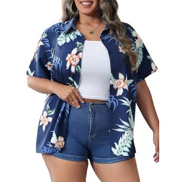 Imagem de HDLTE Camisetas femininas havaianas plus size estampa tropical floral gola V verão blusas de botão 1x-5x, Azul marino, 4X
