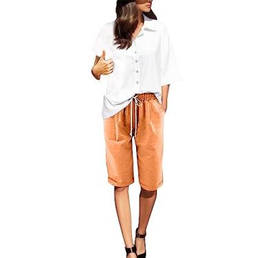 Imagem de Lainuyoah Calça capri feminina leve para o verão, cintura alta, elástica, estampada, calça cropped de perna reta, shorts bermudas modernos, B - laranja, Large