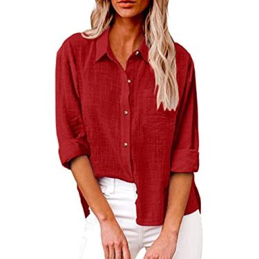 Imagem de Blusa feminina de linho com gola V, manga comprida, abotoada, cor sólida, túnica casual de verão, solta, com bolsos, Vermelho, 3G