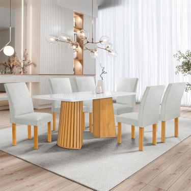 Imagem de Mesa de Jantar 6 Lugares Stella Canela com Vidro Ripado Cinamomo/Off White/Boucle Gelo - Cel Móveis