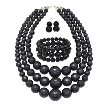 Imagem de JNF Conjunto de colar e brinco de pérolas grandes com vários fios de pérolas bijuterias de fantasia colares de pérolas grossas para mulheres, Pérola sintética, Sem Pedra Preciosa