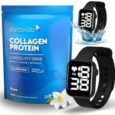 Imagem de Kit Collagen Protein Verisol Puravida 450gr Sabor Puro Whey Protein Pura Vida Acompanha Relógio Esportivo Aprova D'agua Preto