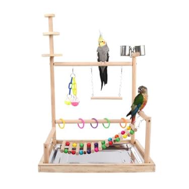 Imagem de Pegador de pássaros, papagaios, calopsita, brinquedo de brincar com escada, copos de alimentação, exercícios e brincadeiras para pássaros, parquinho de pássaros, suporte de madeira natural com bandeja